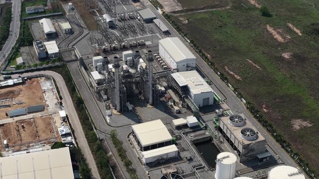 Aerial view of a modern gas turbine power plant