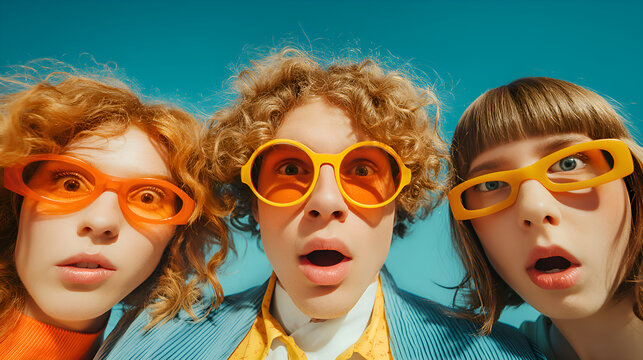 Young people with shocked expressions looking down, wearing bright glasses