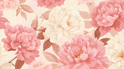 Stylized flat vector peony pattern in soft pastel pink and ivory tones, seamless floral decorative design
