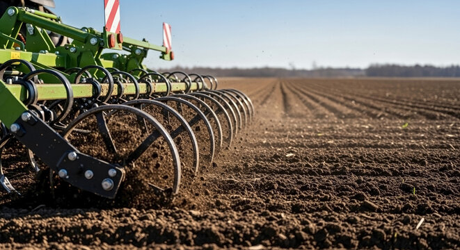 Modern agricultural machine preparing seedbed on farm field under clear sky. Tractor attachment preparing seedbed for planting crops, cultivating fertile soil for new growth.