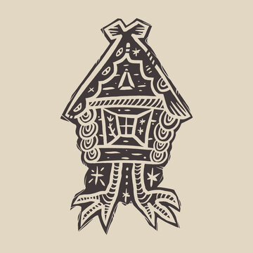 Baba Yaga's Hut on Chicken Legs Minimalist Slavic Folklore Linocut Vector Illustration Clipart