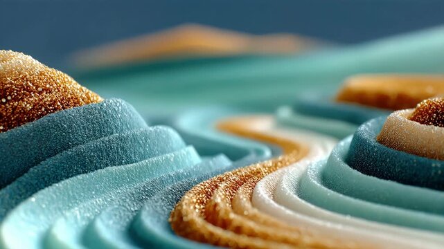 Abstract wavy landscape of glowing teal and golden sand particles