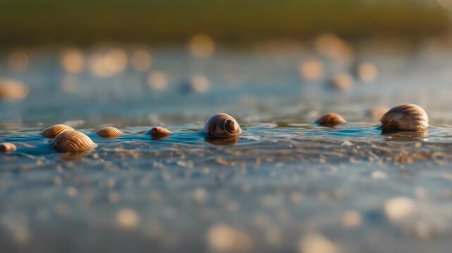 Close up of beautiful sea shells on sandy beach with ocean wave foam