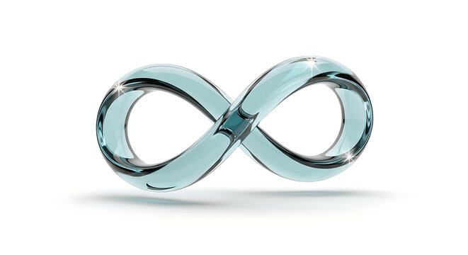 Infinity symbol made of transparent glass with glossy finish and sparkling light reflections isolated on white background 3d rendering illustration.