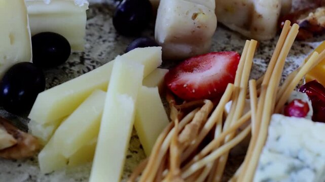 Wooden rustic plate presenting artisan cheese selection, ripe berries, pomegranate seeds, crisp breadsticks in sophisticated gourmet arrangement