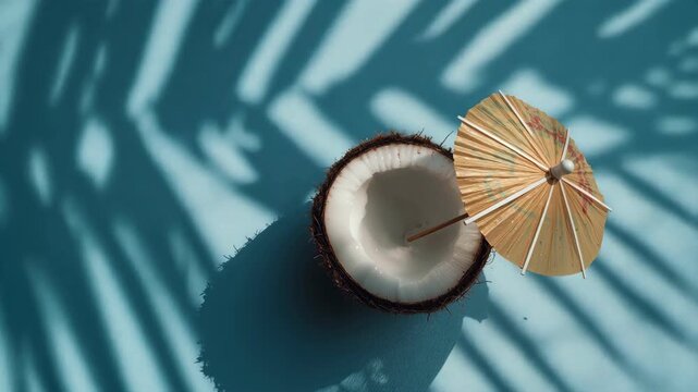 Top view of coconut drink with umbrella and palm leaf shadows on blue surface
