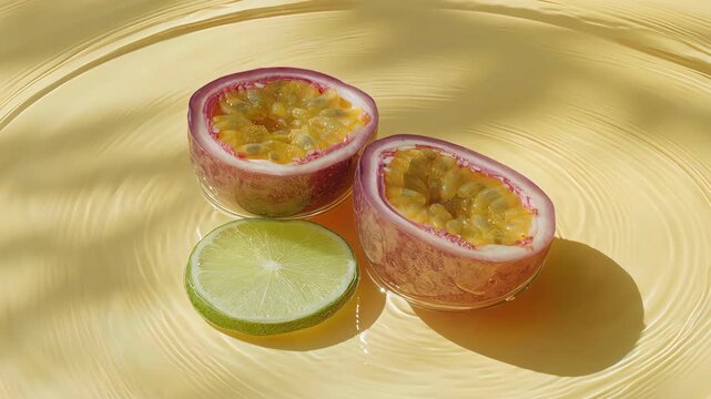 Passion fruit halves and lime slice reflecting in calm water pool macro