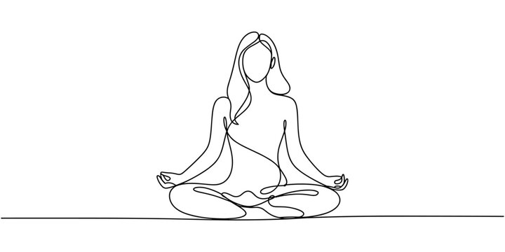 Continuous one line drawing of woman doing lotus yoga pose. Woman sitting cross legged meditating. Woman practicing yoga and meditation one continuous line. Girl sitting