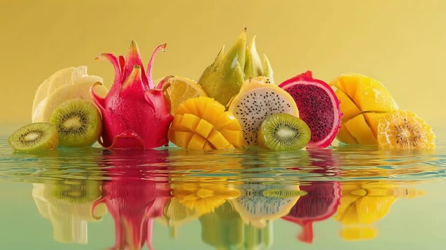 Multiple exotic fruits reflecting perfectly in clear water pool macro shot