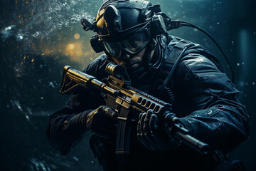 Fototapeta premium A portrait showcases a soldier in tactical gear against a backdrop of intense smoke effects