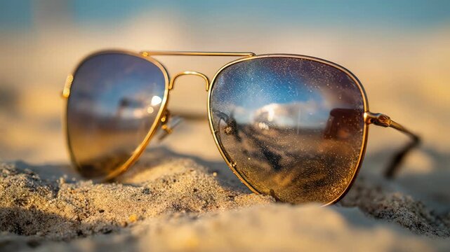 Close up of classic aviator sunglasses on beach sand reflecting blue sky