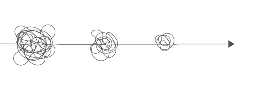 From chaos to clarity concept illustration. Scribble problem solving process. Tangled to simple idea progression. Creative thinking path diagram