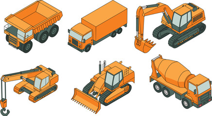 construction vehicles set isometric dump truck excavator bulldozer cement mixer transport heavy equipment machinery industrial vector illustration isolated © MstNilufar