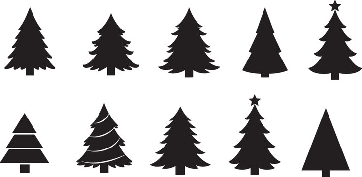 A minimalist illustration of six black pine trees on a white background.