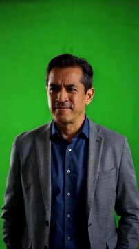 Hispanic middle aged man on green screen narrows his eyes and leans back with clear distrust for suspicion doubt disbelief or guarded reaction sceneshispanic man