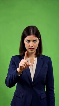 White young adult businesswoman on green screen lifts one finger in a stern warning for caution disapproval correction or serious instruction scenescaucasian