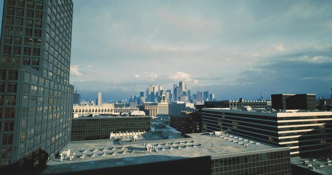 wide rooftop vantage showing urban skyline, planning perspective with blocks and street grid, useful for masterplan and infrastructure concept visuals