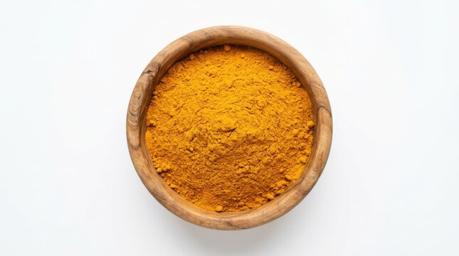 A rustic wooden bowl filled with vibrant turmeric powder, captured in a clean top-down shot with a bright white background, evoking warmth and health.
