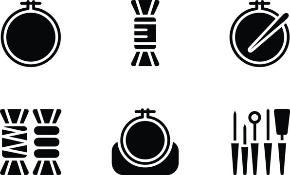 Six Black Icons Of Sewing And Crafting Supplies On White embroidery needlework