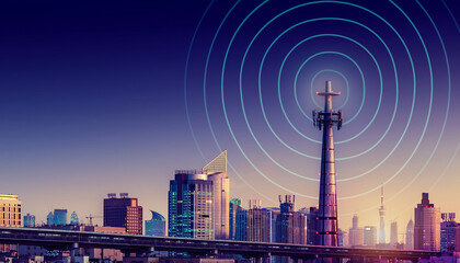 Obraz premium 5G Communication Tower with Wireless Signal in Modern City at Sunset