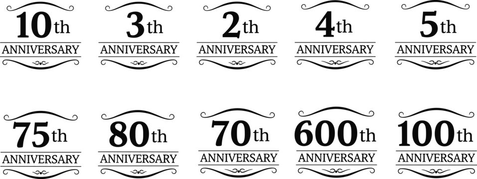 WebElegant vintage anniversary emblem collection featuring decorative swirls, classic typography for years two, three, four, five, ten, seventy, seventy-five, eighty, hundred, and six-hundred.