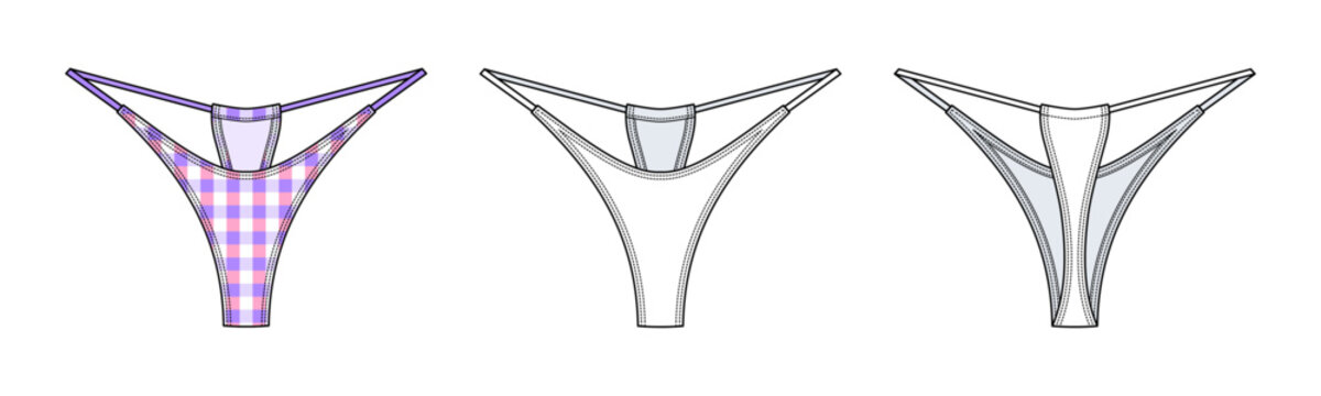 Thong Underwear Technical Fashion Illustration Set, Minimal String Bikini Bottom Vector Template, Front and Back Views, Lingerie CAD Mockup