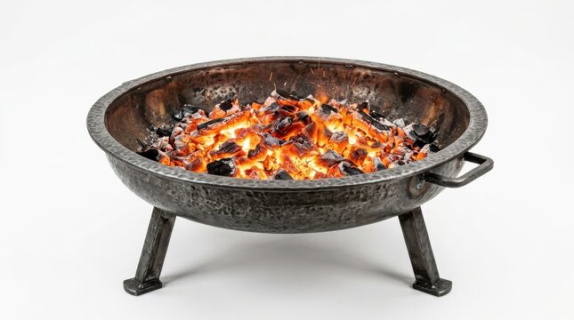 Glowing embers and burning coals radiate heat within a rustic cast iron fire pit, captured in a close-up studio shot with a warm, inviting orange glow against a clean white background.
