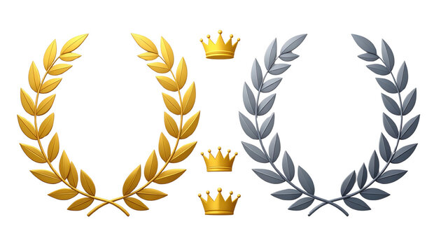 Coronas de laurel dorada y plateada con coronas reales, s&iacute;mbolos de victoria y &eacute;xito, ideales para premios y reconocimientos.
