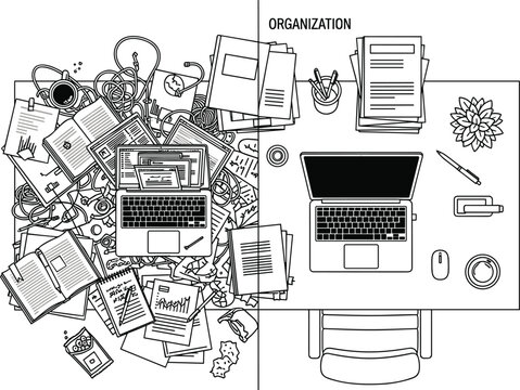 Workspace organization vector illustration with messy and clean desk comparison, laptop, documents and office supplies productivity concept line art design