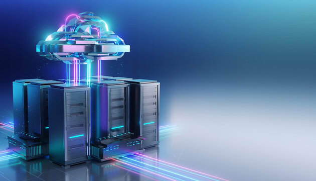 Futuristic Cloud Computing Data Center with Neon Network Connections