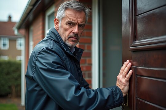 Unexpected Visitor: Determined Man in Raincoat Urgently Knocks on House Door