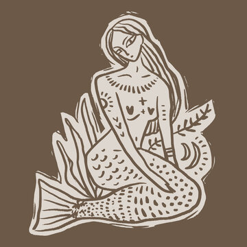 Linocut style illustration minimalist mermaid goddess, traditional folk art aesthetics, modern line work linocut engraving vector clipart. Perfect for mystical decor, nautical folklore books and more