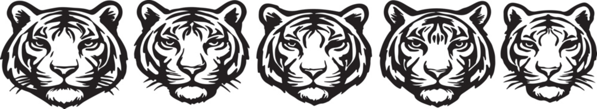 Row of five artistic tiger head line drawings with intricate patterns and fierce expressions