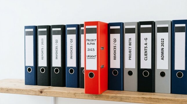 An organized display of file folders on a shelf, highlighting a red folder labeled Project Alpha