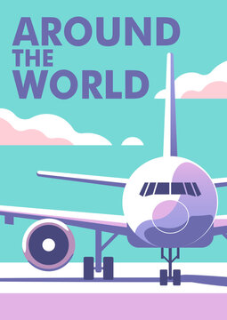Airplane on runway. Travel and vacation banner. Vector illustration in a minimalistic style.