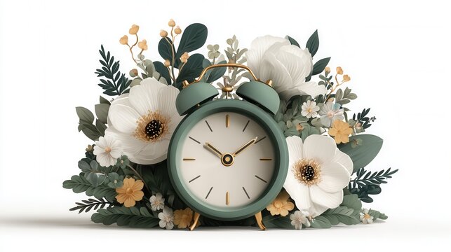 forward spring clock vector with flowers and petals decorating the clock, calendar date reminder, seasonal and decorative illustration