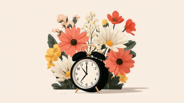 forward spring clock vector with flowers and petals decorating the clock, calendar date reminder, seasonal and decorative illustration