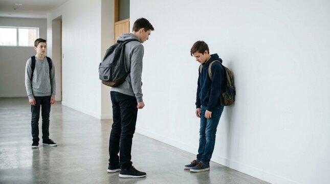 A scene of a bully taunting a boy in a school hallway with a third boy watching them