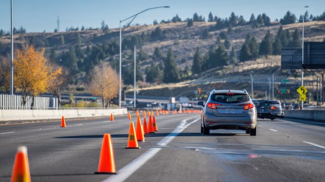 Student driver practicing safe lane merging on a bright clear day with light traffic focusing on proper acceleration on an onramp highway.