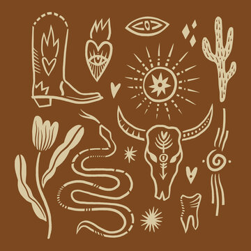 Western Boho Logo Symbols Set Minimalist Bull Skull and Desert Elements in Ornamental Monochrome Style Clipart