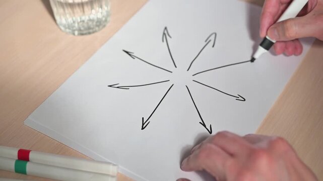 A person draws a series of arrows pointing outward on a sheet of paper placed on a wooden table. The action involves using a black marker, and colored pens are visible in the background