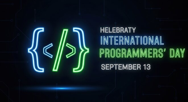 Neon programmers day celebration banner with glowing code symbols on dark background