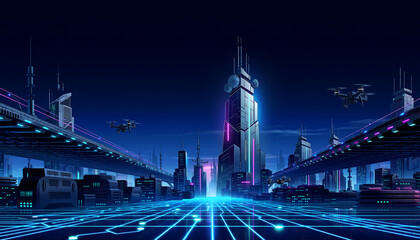 Naklejka premium Futuristic Smart City with Drones and Digital Infrastructure Network