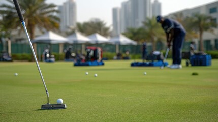 Obraz premium Golf athlete rehearsing delicate putt on pristine green at training facility sharp focus on ball and club with blurred coaches and equipment behind.