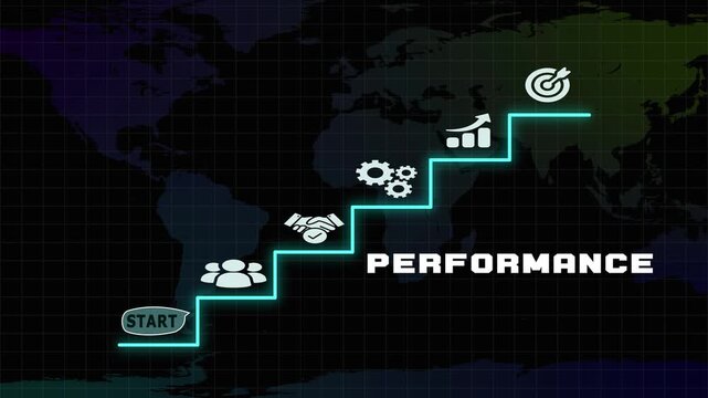 Key business performance roadmap infographic. Conceptual illustration showing steps to success, icons, and global world map background.