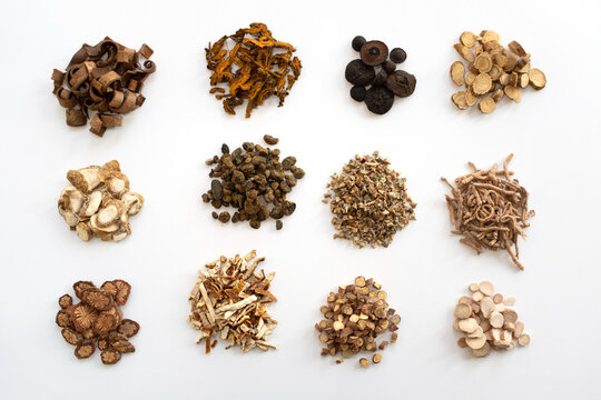 Twelve types of traditional Chinese medicinal herbs sliced and neatly arranged on white background