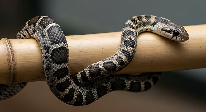 Snake coiled around a bamboo stick in nature.