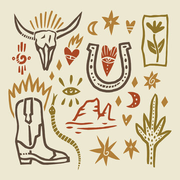 Elegant bohemian western branding elements, minimalist desert aesthetic graphics featuring bull skull, wild west symbols and mountain canyon, sun, horseshoe, snake, cowboy hat. Monochrome vector icons