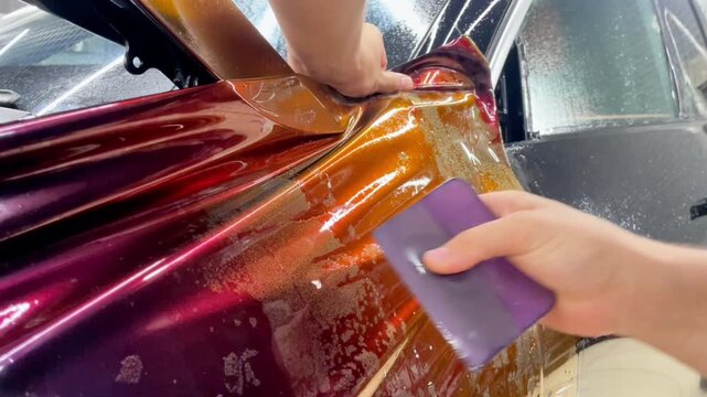 A specialist in wrapping a car with violet chameleon-colored vinyl film in the process of work. Car wrapping close-up. Car wrapping specialists cover the car with vinyl sheet or film. Selective focus.