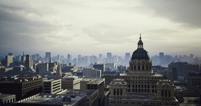 Cinematic dusk skyline with prominent capitol dome and warm shadows, layered rooftops and dramatic cloudscape creating filmic mood, perfect for advertising,